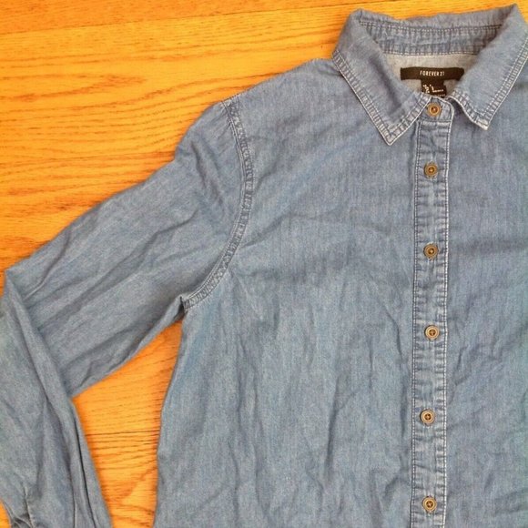 WOMENS S CHAMBRAY DENIM SHIRT LONG SLEEVE 100% COTTON BLUE 38.5"x 24" - Picture 3 of 12